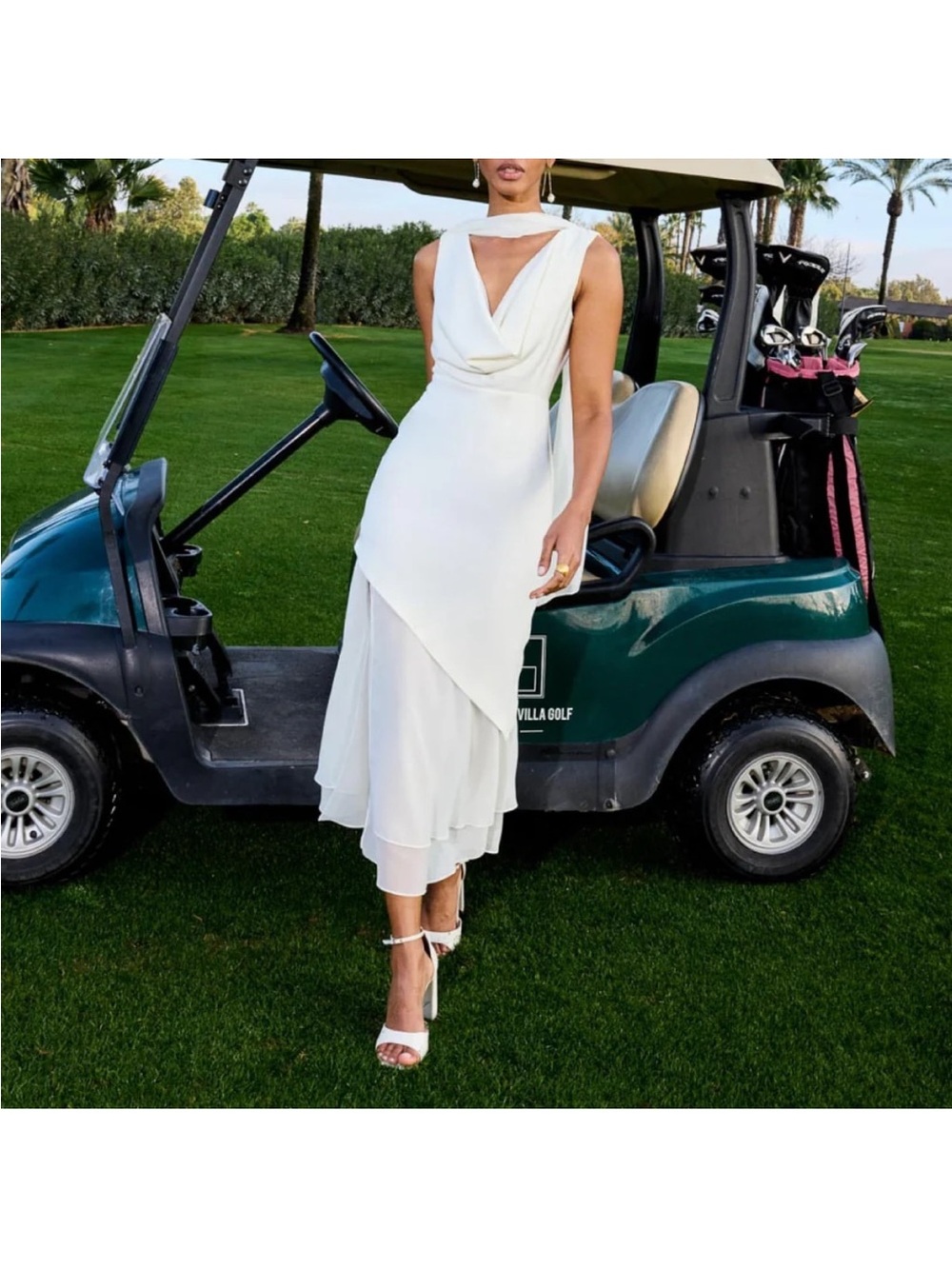 White High-Low Draped Midi Dress with Twist Neckline-Rabat marfil